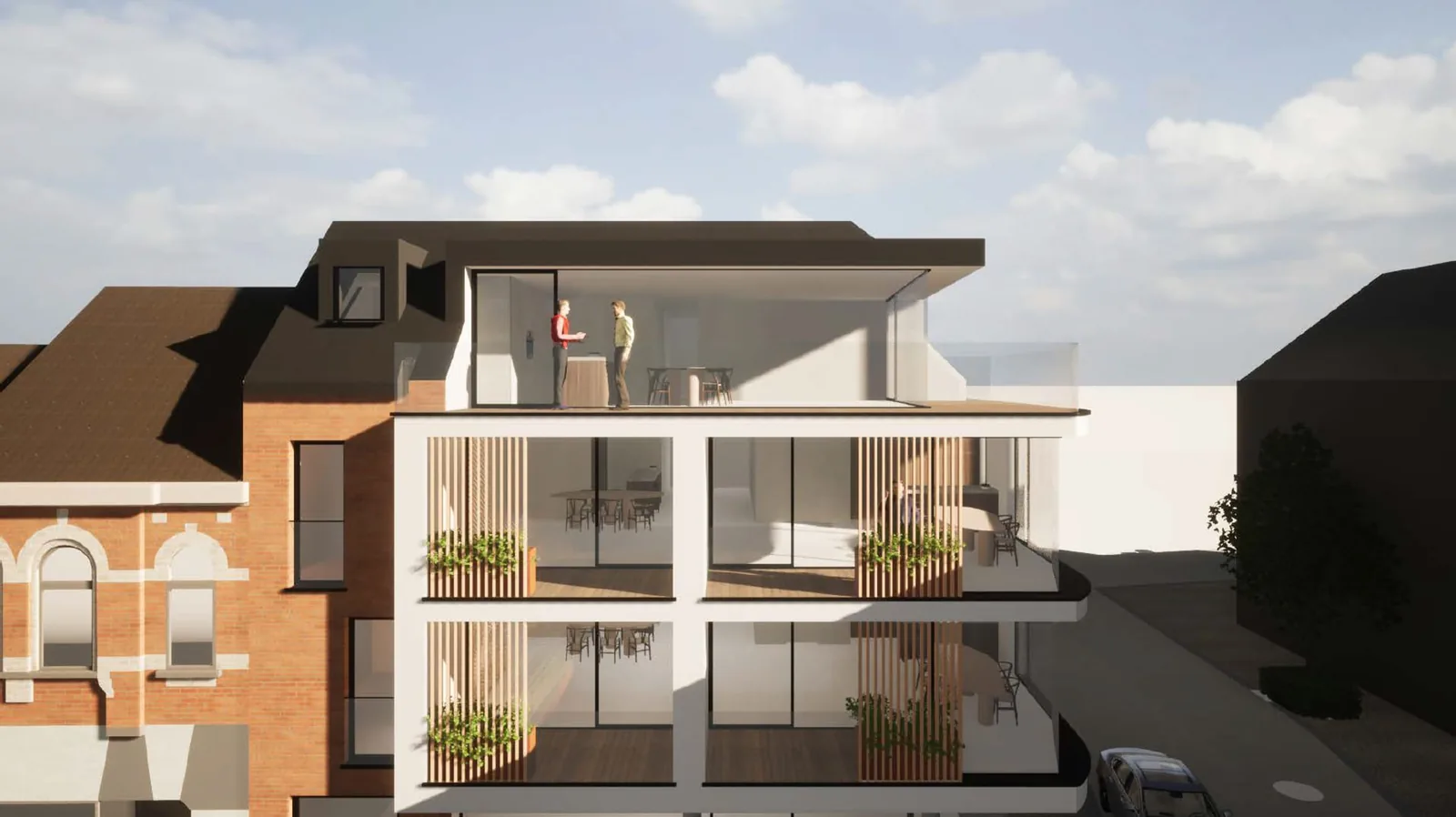 De Backer Lennik: terrassen aan de zijde van de Frans Van der Steenstraat