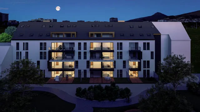 Bij avond: tuingevel van Residentie De Swaene bij maanlicht, van op afstand