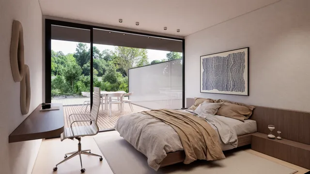 Residentie De Swaene, interieur: slaapkamer met schuifraam naar het terras