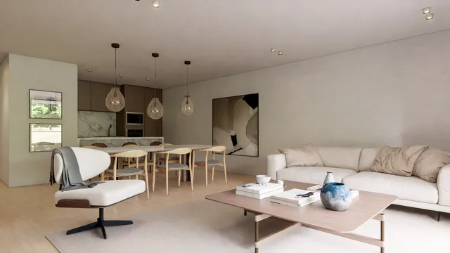 Residentie De Swaene, interieur: leefruimte met zetel, eethoek en open keuken