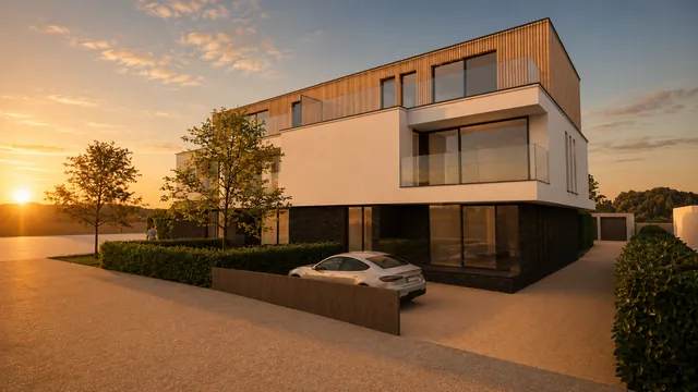 Simon Denderwindeke: hoekaanzicht van appartementsgebouw met houtgevel, glazen balkons en parkeerplaats