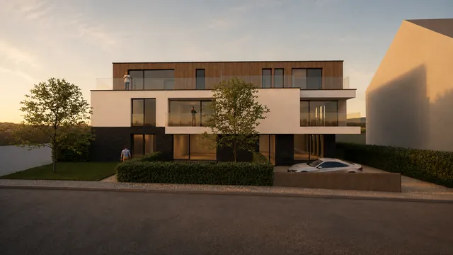 Simon Denderwindeke: straatzijde van appartementsgebouw met houtgevel, brede terrassen en carport bij zonsondergang