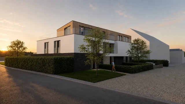 Simon Denderwindeke: hoekaanzicht straatzijde met houtaccenten, terugliggende balkons en hagen rond het gebouw