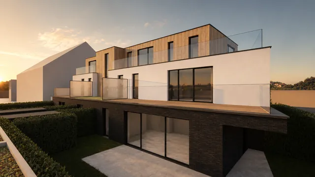 Simon Denderwindeke: hoekaanzicht tuinzijde met terrassen, glazen balustrades, houtgevel en baksteensokkel