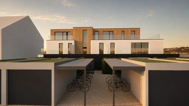 Simon Denderwindeke: tuinzijde van appartementsgebouw met houtgevel, balkons en overdekte fietsenstalling