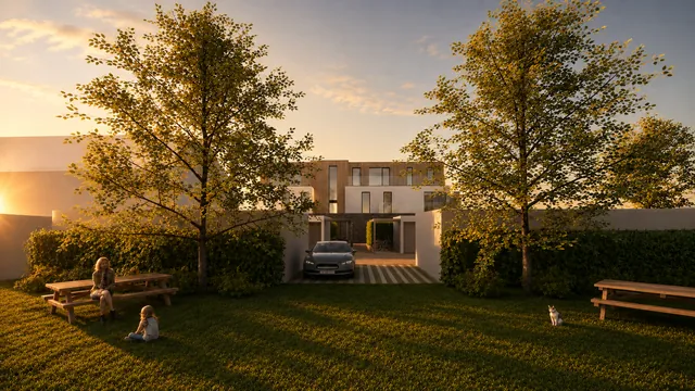 Simon Denderwindeke: tuinzijde van nieuwbouwproject met gazon, bomen, picknickbanken en carport bij avondlicht