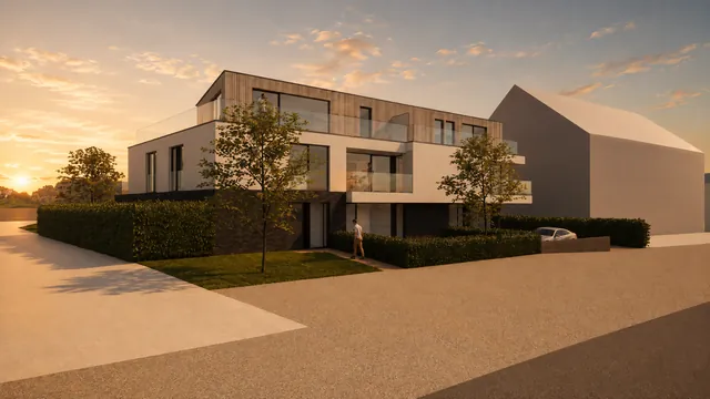 Simon Denderwindeke: hoekaanzicht vanaf straatzijde met balkons, terrassen en haag bij zonsondergang